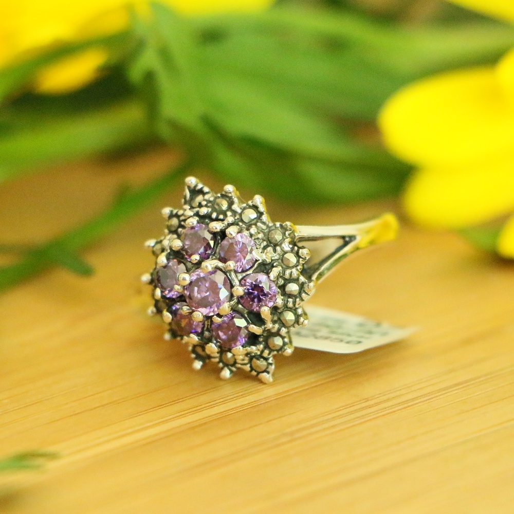 925sterlingsilver flower marcasite Amethyst rings - Picture 3 of 7